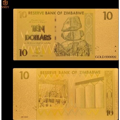 Zimbabwe 24k Gold Plated 10 Dollar Money Gold Foil Bill Paper Banknotes Collection For Home Decoration Gift