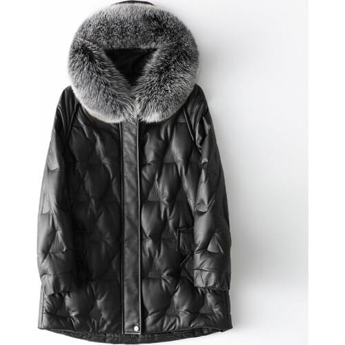 New Winter Fox Fur Collar Sheepskin Down Jacket Women Genuine Leather Fur Coat Hooded Medium Length Thick Warm Printed Outwear