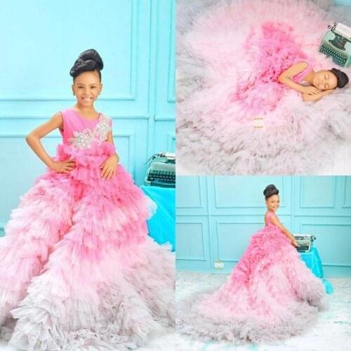 Luxury Pink Puffy Princess Flwer Girls Dresses Ball Gowns Ruffles Children Girls Birthday Celebration Party Dresses Custom