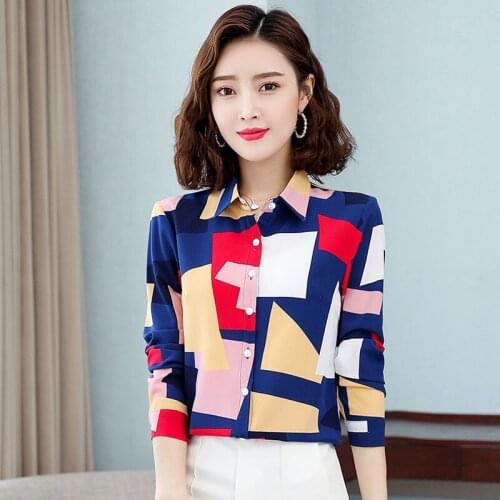 Femme Shirts Temperament Elegant Print Polo-Neck Long Sleeve Blouses Women Chiffon Stylish Spring Summer Tops Blusesr MM0806