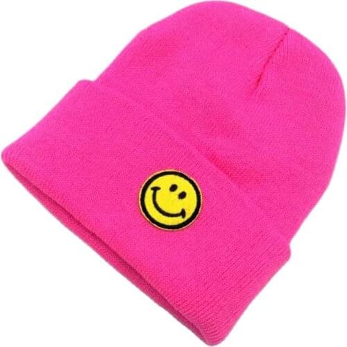 Lovely Smiling Face Patch Children Knitted Caps Autumn Winter Brand Skullies Beanies Kids Pompom Woolen Yarn Parent-child Hats