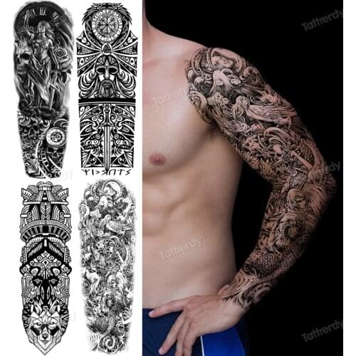 Tribal Totem Full Arm Temporary Tattoo Sleeve For Men Women Adult Skull Tattoos Sticker Black Fake Tatoos Lion Clock Dragon Lion