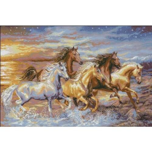 Top Quality Beautiful Lovely Counted Cross Stitch Kit Horse Five Horses in the river at starry night