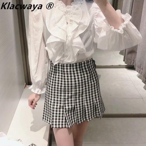 Klacwaya Women Black And White Plaid Pleated Skirt Summer High Waist Cute Fashion Ladies Checked College Style Skirt