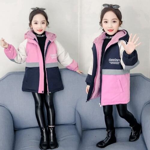 4-14T Girls Parkas Winter Coat Plus Velvet Warm Jakcet 2020 New Fashion Patchwork Letters Printed Hooded Girl Padded Jackets