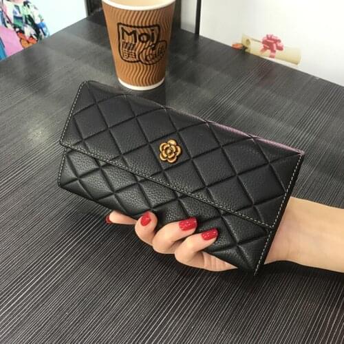 San Maries Womens Wallets And Purses Plaid Cowhide Leather Long Wallet Flower Hasp Phone Bag Money Female Wallet Purse