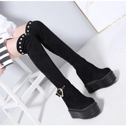 Over-the-Knee Boots Lady 2019 New 13Cm Wedges Increase Within Long Boots Thin Legs Stretch Womens Boots Sexy Elegant High Boots