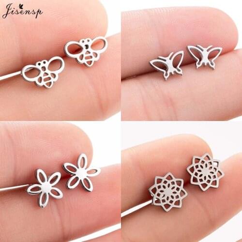 Jisensp Lovely Honey Bee Stainless Steel Earrings Fashion Hollow Flowers Butterfly Stud Earrings for Women Korean Style Jewelry