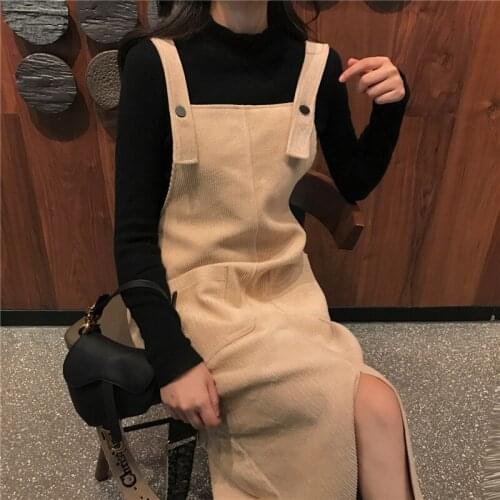 Corduroy Sleeveless Lovely Korean Clothes Spaghetti Strap Kawaii Harajuku Women New Sweet Soft High QualityTrendy Dress