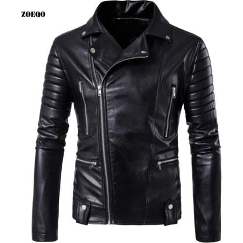 ZOEQO New Brand Casual Mens Spring Autumn Leather Jacket Fashion Men Zipper Solid Color PU Leather Motorcycle Jackets Coats