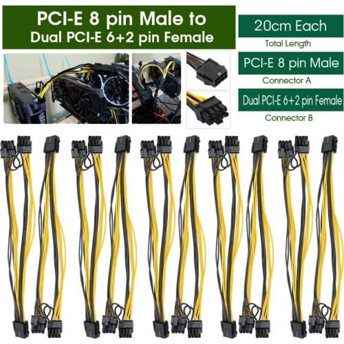 10pcs GPU PCIe 8 Pin Male to Dual 6+2 Pin Female PCI Express Power Adapter Splitter Extension Cable, for Graphics Video Card