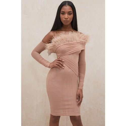 2021 women winter fashion high quality newest pink off the shoulder ruched feathers bandage dresses party dress wholesale
