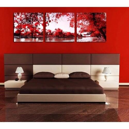 Picture Large Canvas Framework Painting 3 Panel Red Tree Printed Modular for Bedroom Living Room Home Wall Art Decoration