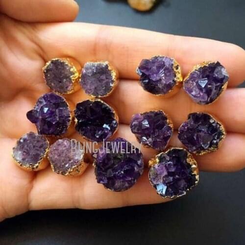 Purple Amethysts Druzy Stud Earrings Round Birthstone Earrings Statement Boho Rock Earring Gold Filled Crystal Earrings ER16623