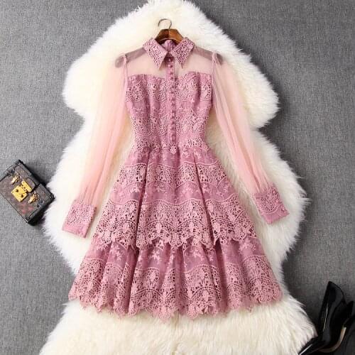 And New American European womens dresses for spring 2021 Long sleeve lapel Hollow out the embroidery Fashion purple dress