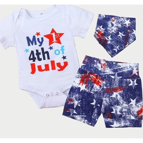 3Pcs Baby Boys Independence Day Clothes Sets Letter Print Short Sleeves Romper + Star Print Shorts + Bib Suit
