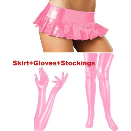Wet Look Lingerie Set Wet Look Erotic Underwear Club Pole Dance Wear Faux Leather Mini Skirt with Stockings and Gloves Big SIze