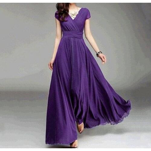 Summer Sexy Fashion Style Women Short Sleeve V-neck Solid Color Long Dress Maxi Dress for Women