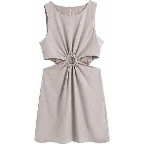 Summer womens casual solid color round neck sleeveless open design slim dress