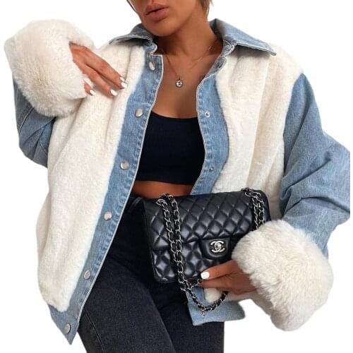 New Winter Women Plush Denim Jacket Fashion Fleece Patchwork Loose Long Sleeve Lapel Coat Female Streetwear Warm Outwear
