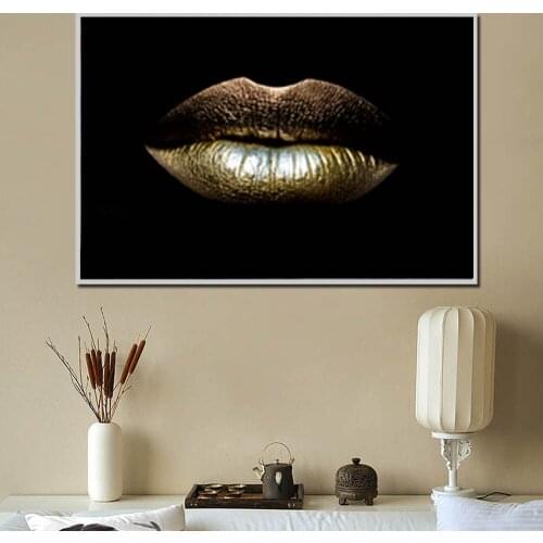 Modern Pictures Black Gold Sexy Charming Woman Gold Lips Home Decor Posters Wall Artwork Modern Bedroom High Definition Pictures