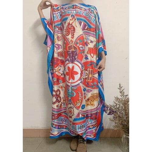 Kuwait Popular silk kaftan dress boho colourful pattern lady Dress Dashiki Printed kaftan maxi dress for women African clothes