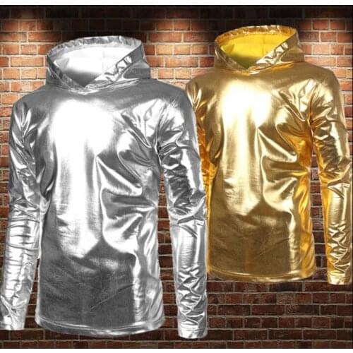 Fashion punk slim shirt men long sleeve shirt teenage Rock Metal color Glossy Hooed shirt mens personality stage singer dance