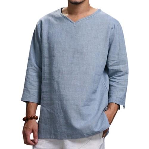Summer Vintage Shirt Men V-neck Stylish Skin-friendly Cotton Blend Slim Three-quarter Sleeve Tee Vacation Streetwear футболка