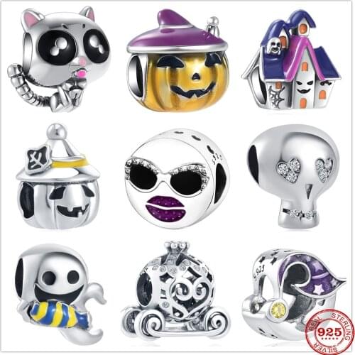 925 Sterling Silver Halloween Pumpkin Car Castle Cat DIY fine bead Fit Original Pandora Charm Bracelet Jewelry
