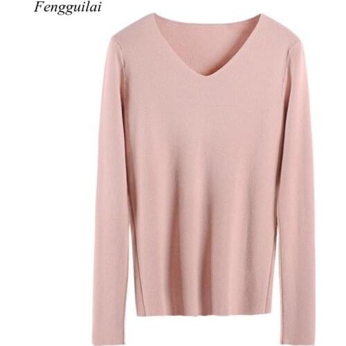Chic Casual Autumn Winter Basic Sweater Pullovers Women V-Neck Solid Knit Slim Pullover Female Long Sleeve Warm Khaki Sweater