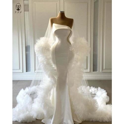 Vintage Veestidos De Novias Ivory Illussion O Neck Mermaid Floor Length Wedding Dresses with Ruffled Cape