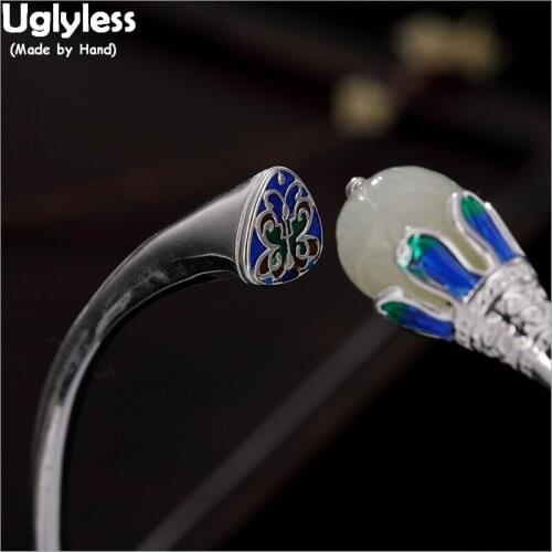 Uglyless 100% Real 925 Sterling Silver Enamel Blue Butterfly Bangles for Women Nature Jade Magnolia Bracelet Ethnic Fine Jewelry