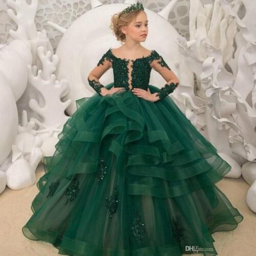 Gorgeous Green Flower Girl Dresses Long Sleeves Scoop Neck Appliqued Beaded Girl Pageant Gowns Ruffle Tiered Birthday Gown