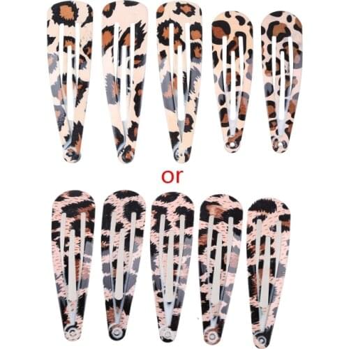 5Pcs/Set Women Ladies Boho Vintage Colored Leopard Printed Hair Clips Metal Alloy Water Drop Shape BB Hairpins Baking Paint Snap