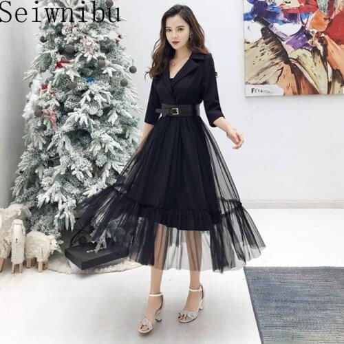 2020 Spring autumn Sexy Patchwork Eegant Dress Women Notched Neck Mesh Dresses Long Swing Vestido Belt high quality robe femme
