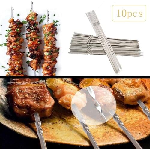 10PCS Reusable Flat Stainless Steel BBQ Skewers Needle Stick Outdoor Camping Picnic Cooking Tools Barbeque Accessories