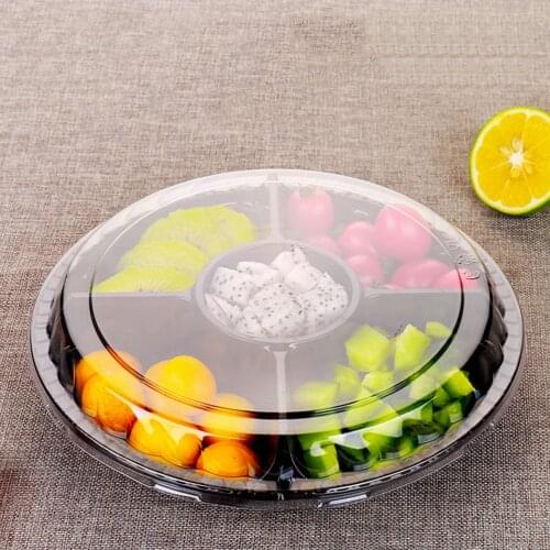 10pcs Disposable 5 Compartment Food Storage Containers Round Plastic Salad Fruits Box with Lids