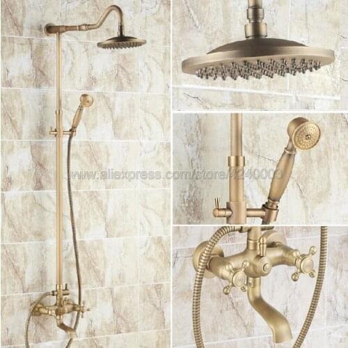 Antique Brass 8 inch Shower Head Bathroom Shower Faucet Sets Double Handles Mixer Tap with Tub Spout Krs105