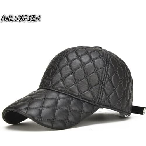 B-7165 Fashion Mens Leather Baseball Hats Adult Black Baseball Caps Wholesale Cap Sheepskin Really Mens Hat New Year Gift