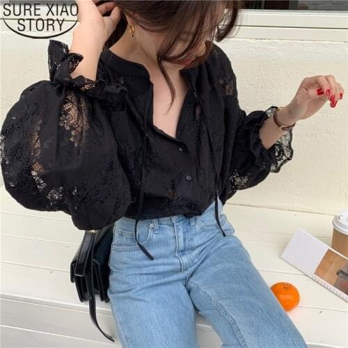 Blusas New Spring 2021 Women Shirts Lace Shirt Long Sleeve Tops Fashion Lantern Loose Blouse Cardigan Chic Black Clothing 10202