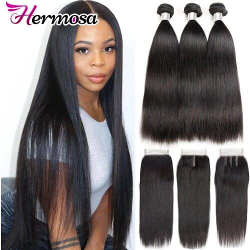 Hermosa Human Hair Bundles With Closure 3PCS Straight Hair Bundles With Closure Natural Color Remy Peruvian Hair Weave Bundles