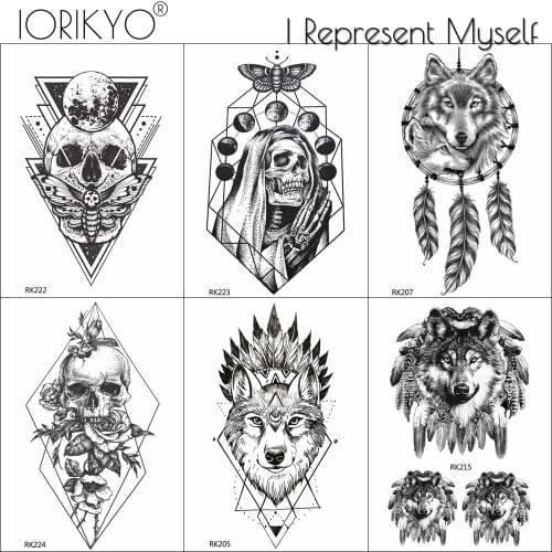 Fake Sketch Skull Moon Moth India Geometric Wolf Tattoos Temproary For Men Wrist Tattoo Stickers For Women Arm Custom Tato Paste