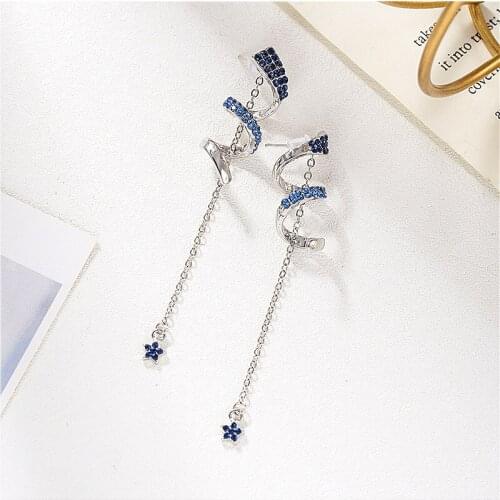 Starry Blue Rhinestone Earrings Female Fashion New S925 Silver Needle Curve Rotating Stars Tassel Earrings Temperament Jewelry