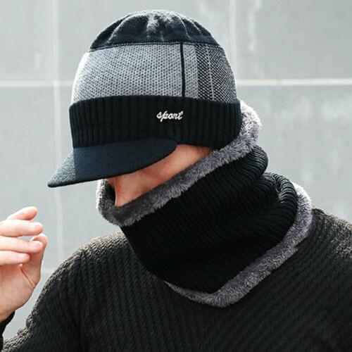 Mens Knitted Hat Scarf Set Winter Thick Fleece Lined Skull Cap Scarf Sets Patchwork Warm Outdoor Cap Scarf for Hiking Ski