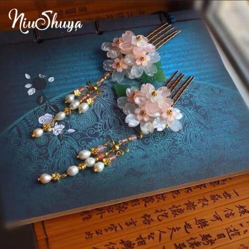NiuShuya New Ancient Chinese Women Girls Hanfu Dress 3D Flower Tassel Hairpins Clips Hair Combs Jewelries