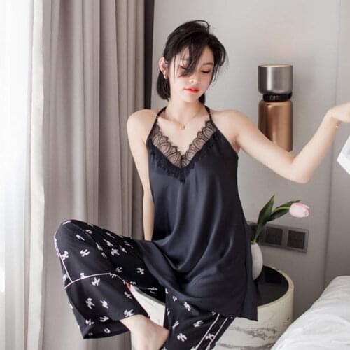 2020 New Hot Pajamas Ladies Sexy Suspenders V-Neck Lace Decoration Exquisite Printed Trousers Two-Piece Ice Silk Home Service