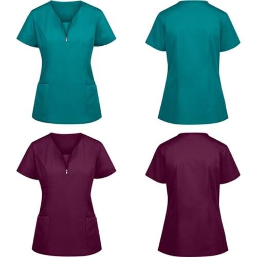 S-3XL Solid Zipper V-Neck Short Sleeve Stretch Nurse Uniform With Pocket Women Care Workers Wear