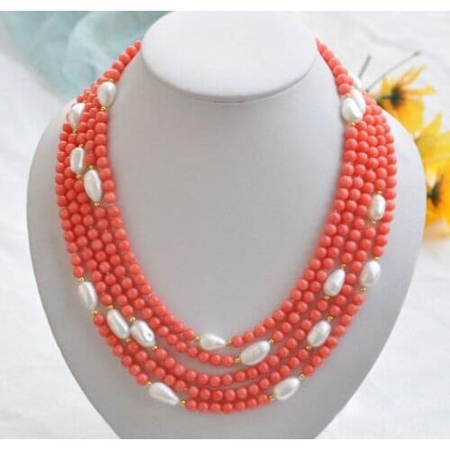 Wholesale natural 5row 21" pink coral bead white baroque pearl NECKLACE