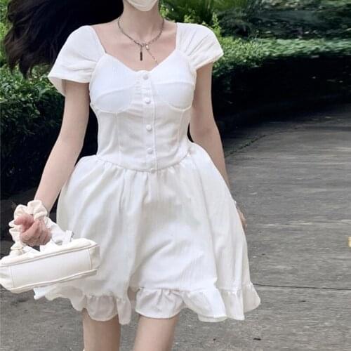 Fairy Dress Women Summer Gentle Girls Waist Slimming Dresses Vestidos 2021 New Solid Color Ruffle Elegant Sweet White Mini Dress
