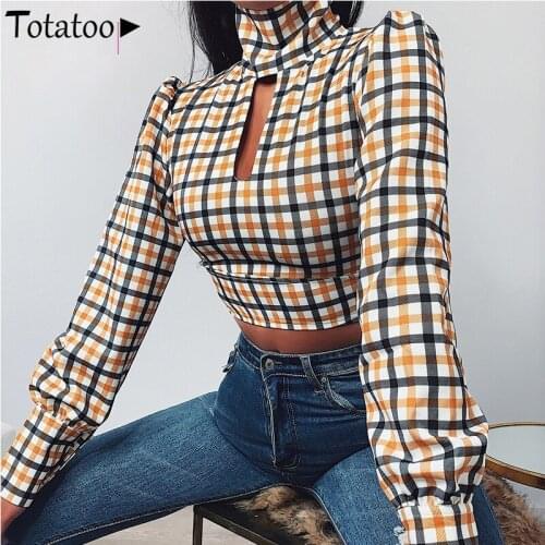 Totatoop Turtleneck Long Sleeve Plaid Short T-Shirt Women 2020 Spring Summer Low Cut Front Backless Bandage Crop Top Lady TShirt